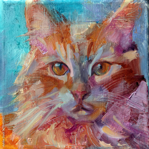 Realismo su astratto. Dipinto originale ad olio su tela di una gatto colorato con colori fluo e vibranti con colature di colore acrilico e texture di pennellate corpose. photo
