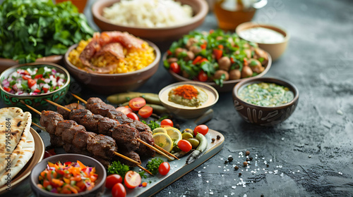 Middle eastern or arabic dishes and assorted meze on concrete rustic background, Meat kebab, falafel, baba ghanoush, hummus, sambusak, rice, tahini, kibbeh, pita, Halal food, Space for text, Top view