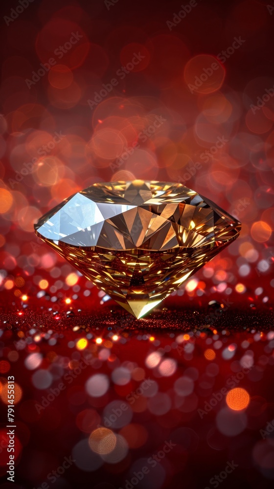An eye-catching yellow diamond lays on a bed of tiny sparkles, its yellow hues reflecting light perfectly An eye-catching yellow diamond lays on a bed of tiny sparkles, its yellow hues reflecting light perfectly
