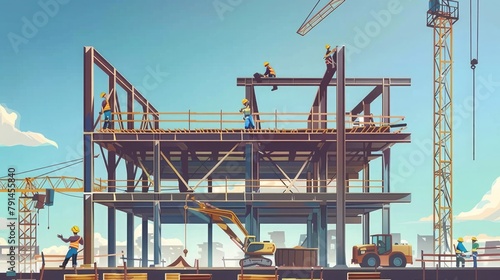 A group of construction workers assembling steel beams to form the skeleton of a new building.
