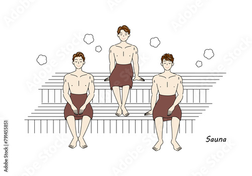 サウナ室でサウナを楽しんでいるサウナ好きの爽やかな三人の男性 ととのう サウナ男子 シンプル イラスト ベクター