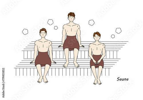 サウナ室でサウナを楽しんでいるサウナ好きの爽やかな三人の男性 ととのう サウナ男子 シンプル イラスト ベクター
