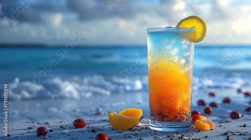 Paradise with a refreshing Blue Lagoon cocktail garnished with fruits 