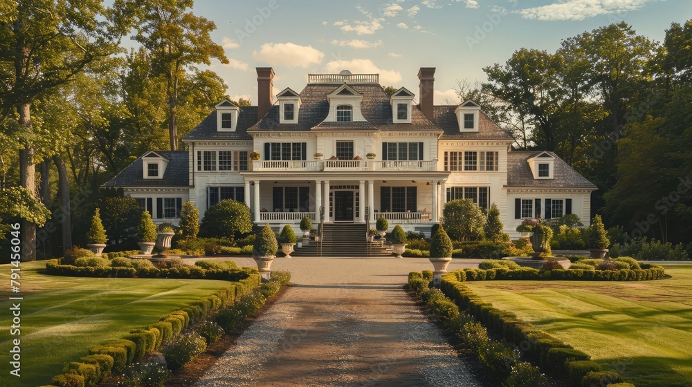 A colonial-style manor exuding timeless elegance, its white clapboard facade standing in contrast to the verdant landscape.