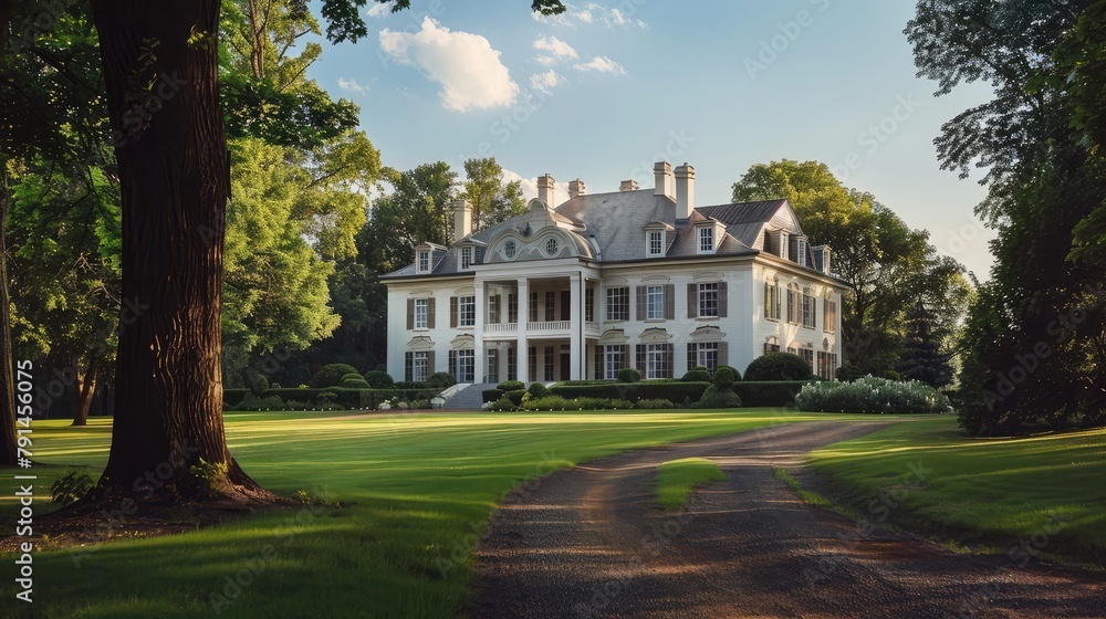 A colonial-style manor exuding timeless elegance, its white clapboard facade standing in contrast to the verdant landscape.