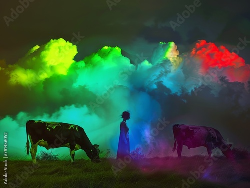 Ethereal woman observing a herd of neon cows under a fantastical colorful sky © Vuk