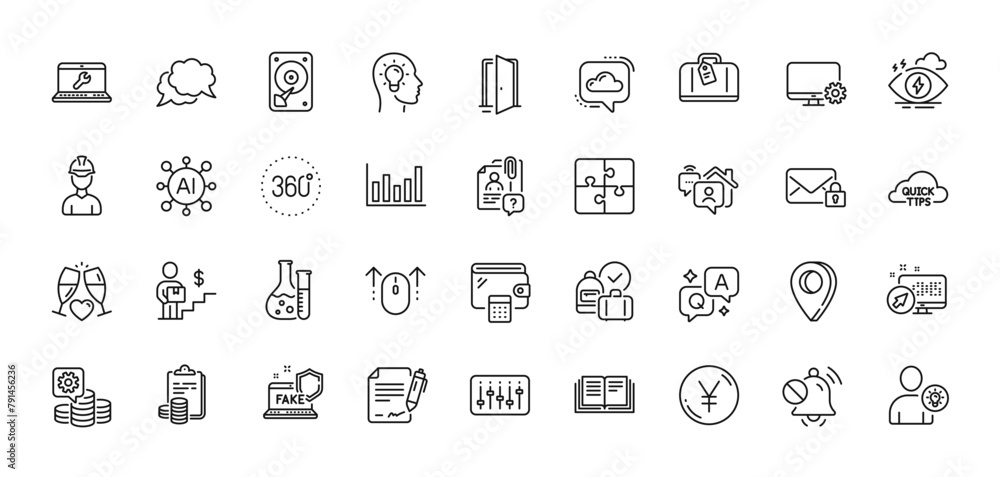 Web system, Puzzle and Search employee line icons pack. AI, Question and Answer, Map pin icons. Yen money, Open door, Chemistry lab web icon. Swipe up, Monitor settings, Column chart pictogram. Vector Web system, Puzzle and Search employee line icons pack. AI, Question and Answer, Map pin icons. Yen money, Open door, Chemistry lab web icon. Swipe up, Monitor settings, Column chart pictogram. Vector