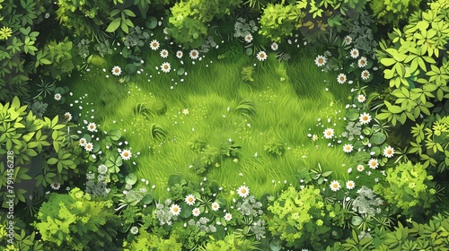 Top-down view of lush green grass and wildflowers,white daisies scattered throughout the field.