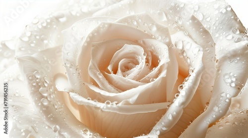 White rose with dew drops on petals,closeup,copy space, high key color grading with soft shadows.
