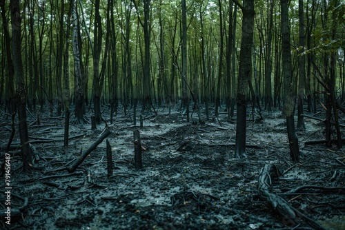 A forest ravaged by invasive species and disease outbreaks, illustrating the compounding threats to ecosystems already stressed by climate change. photo