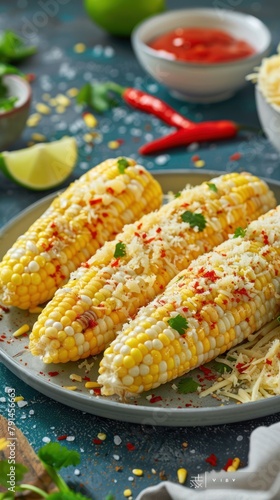 A plate of grilled corn on the cob topped with parmesan cheese, ready to be enjoyed