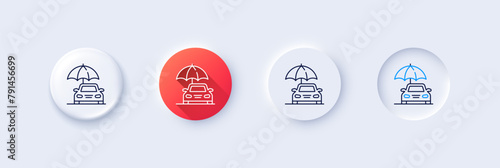 Car insurance line icon. Neumorphic, Red gradient, 3d pin buttons. Risk management sign. Vehicle with umbrella symbol. Line icons. Neumorphic buttons with outline signs. Vector
