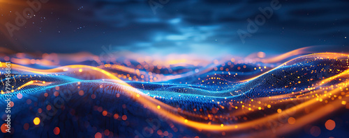 Abstract dark background with orange and blue waves of digital data flowing in the style of light black and navy blue, futuristic network technology concept