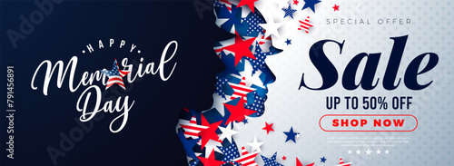 Memorial Day Sale Illustration with Flying Flag Pattern Stars in Patriotic Soldier Silhouette on Light Background. Vector American USA National Celebration Design with Typography Lettering for Coupon