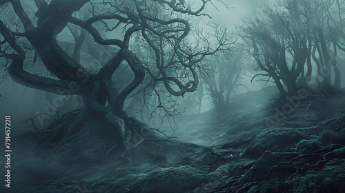 Evil crooked trees deep in fantasy forest 