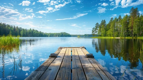 Traditional Finnish Lake View: Rustic Wooden Dock on a Summer Day