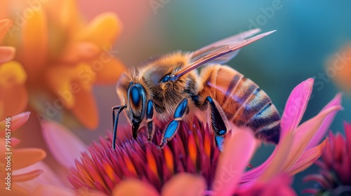 Honey bee on flower. Generative AI. B008