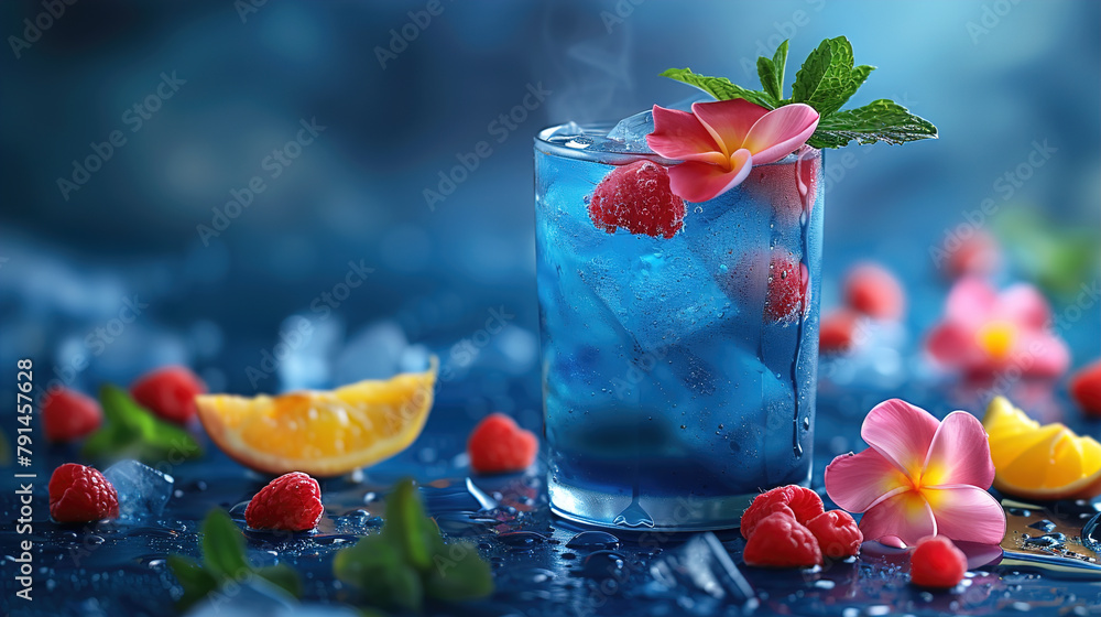 Paradise with a refreshing Blue Lagoon cocktail garnished with fruits  - obrazy, fototapety, plakaty 