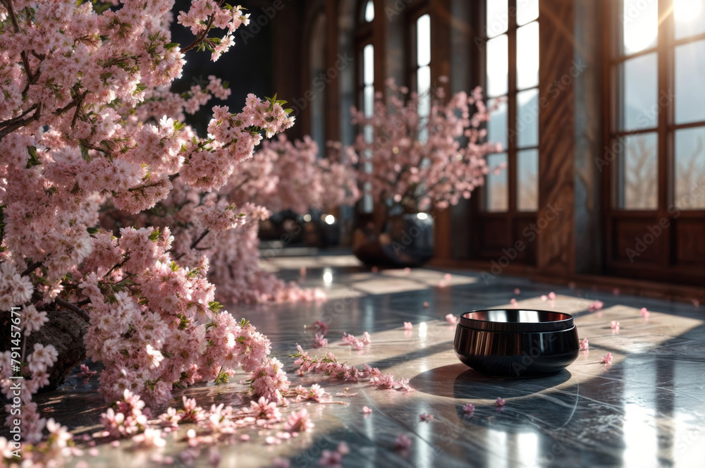 Cherry blossoms on the marble floor in the interior of a luxury hotel Cherry blossoms on the marble floor in the interior of a luxury hotel