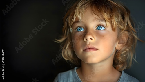 A frightened child of European descent imagines solitude in a dimly lit room. Concept Dark Imaginary Solitude, European Descent Child, Frightened, Dimly Lit Room