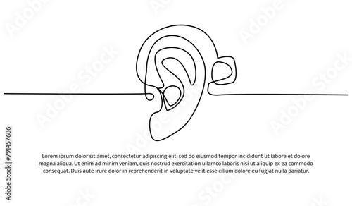 Continuous line design of ear using aids. Single line decorative elements drawn on a white background.