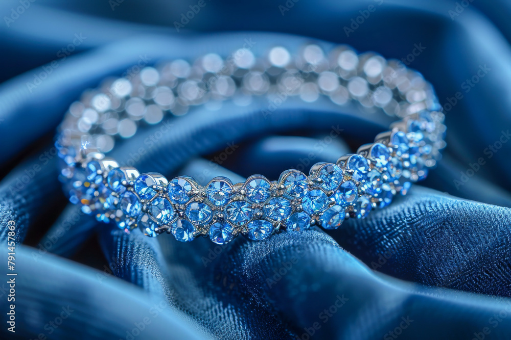 Elegant Sapphire Crystal Bracelet on Blue Silk Fabric Elegant Sapphire Crystal Bracelet on Blue Silk Fabric