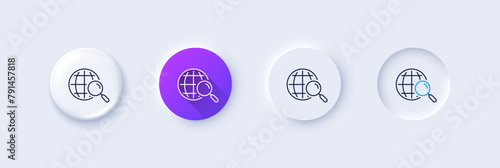 Web search line icon. Neumorphic, Purple gradient, 3d pin buttons. Find internet results sign. Line icons. Neumorphic buttons with outline signs. Vector