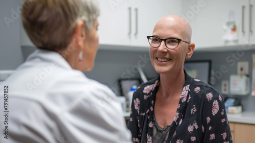 Portrait of bald woman talking to a doctor comforting and congratulating her during consultation on alopecia and cancer recovery photo