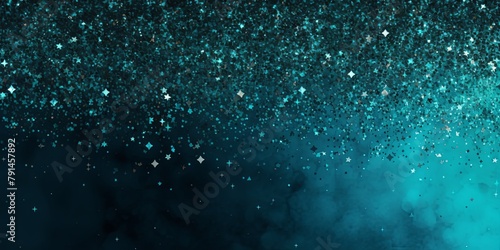 Cyan glitter texture background with dark shadows, glowing stars, and subtle sparkles with copy space for photo text or product, blank empty copyspace