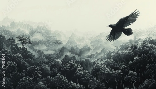 A lone crow flies over a misty forest.