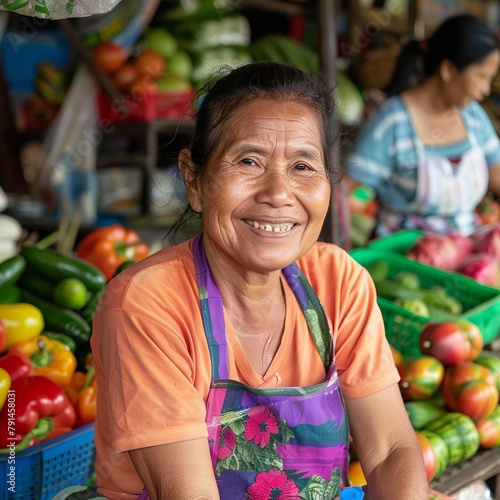 
Close-up of a happy woman selling fresh food. A vendor who sells healthy food in market.

