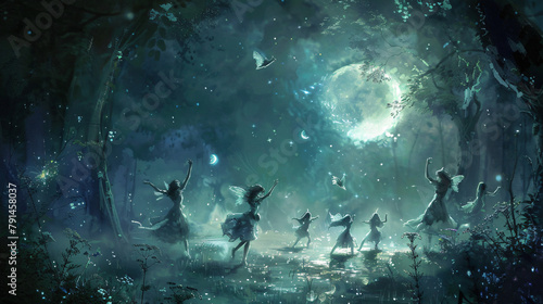 Faeries dance in moonlit glade. Illustration fantasy background
