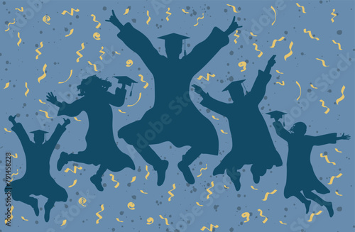Happy jumping graduate students silhouettes on background of confetti. Vector illustration