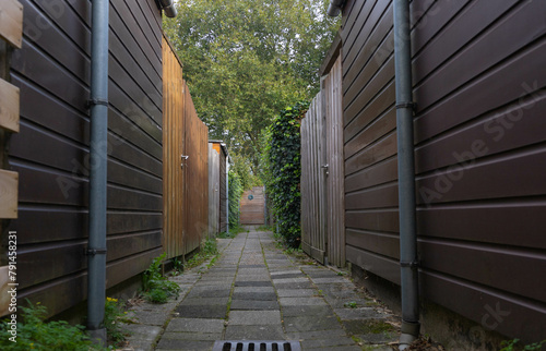 Typical Dutch path adjacent to the backyard of several houses