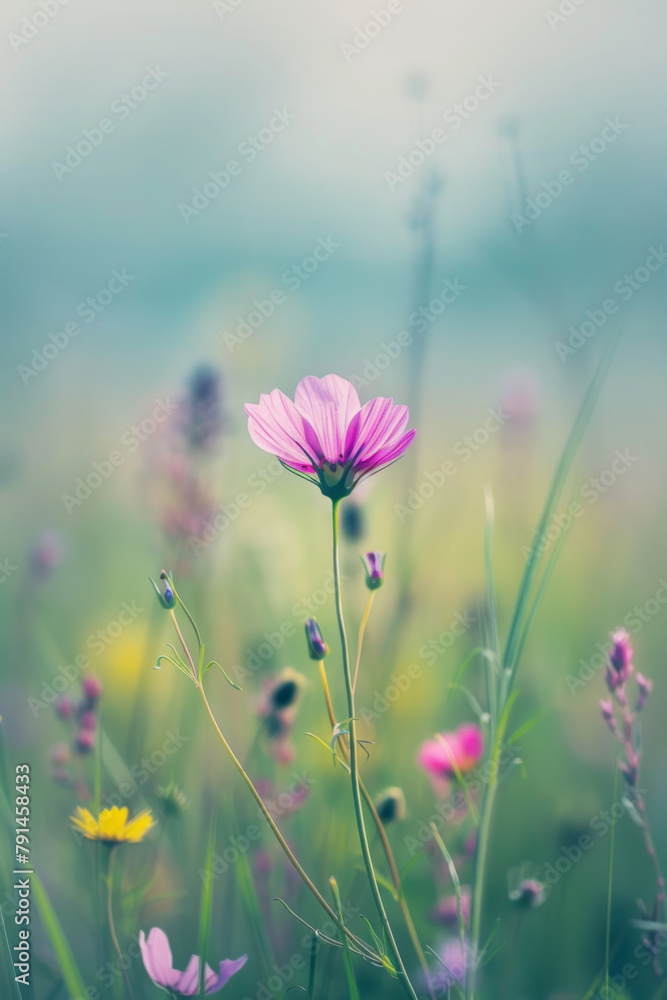 A single wildflower standing tall amidst a vast field of grass or wildflowers. A single wildflower standing tall amidst a vast field of grass or wildflowers.