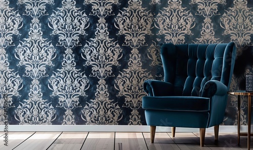 Casual casual blue armchair in front of a modern damask wallpaper, Generative AI