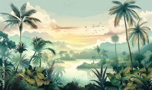 Tropical Exotic Landscape Wallpaper. Hand Drawn Design. Luxury Wall Mural  Generative AI