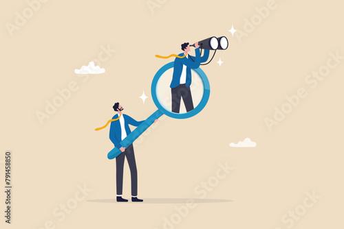 Search and discovery career opportunity, search for new job, find resource or job vacancy, support or career development advice, finding solution, businessman with magnifying glass help search job. © Nuthawut