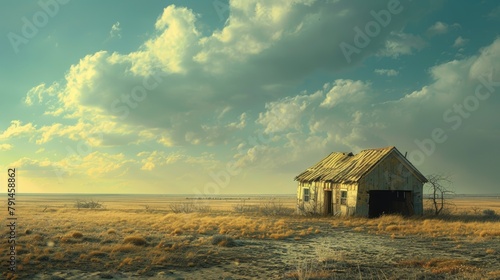A lonely house stands in the middle of a vast field under a cloudy sky. photo
