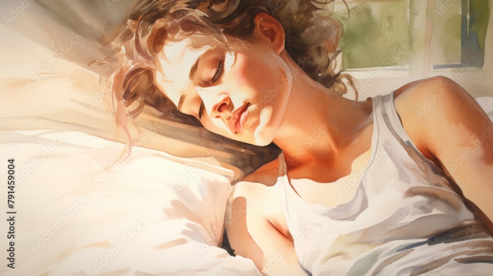 soft watercolor style, meditation, calm face, person is on left the corner, slightly face down, half of body shot, strong sunlight on the part of face soft watercolor style, meditation, calm face, person is on left the corner, slightly face down, half of body shot, strong sunlight on the part of face