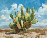A painting of a prickly pear cactus in the desert.