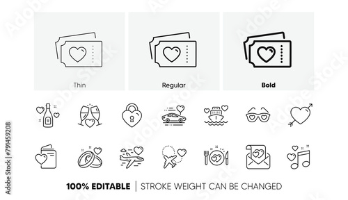 Wedding car, marriage rings, love. Honeymoon line icons set. Valentine heart, Bridal champagne icons. Couple tickets, honeymoon travel, married cruise. Wedding love music. Line icons set. Vector