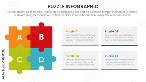 puzzle jigsaw infographic 4 point stage template with square puzzle combination and box rectangle text content with description for slide presentation