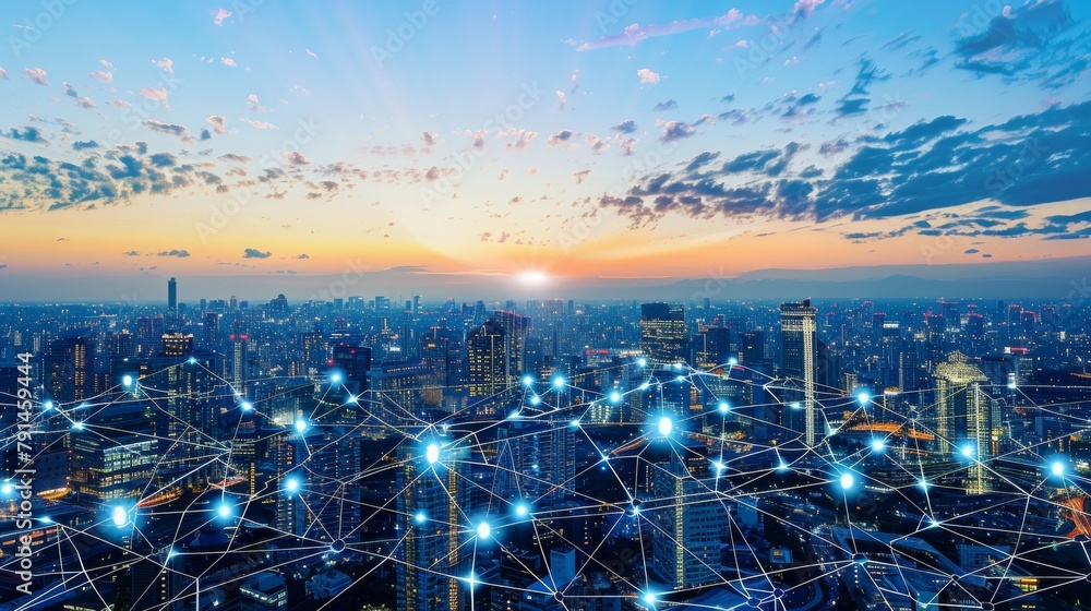 Futuristic cityscape with digital network overlay. A stunning visual representation of a smart city, with digital connections and a network overlay implying a connected, data-driven metropolis Futuristic cityscape with digital network overlay. A stunning visual representation of a smart city, with digital connections and a network overlay implying a connected, data-driven metropolis