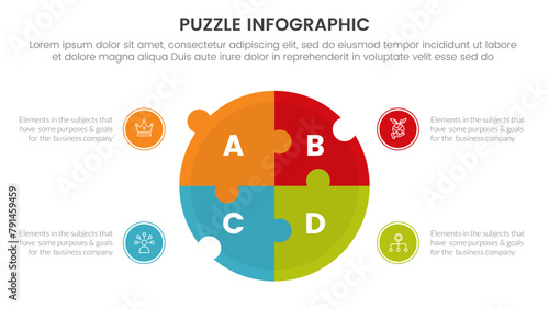 puzzle jigsaw infographic 4 point stage template with big puzzle circle on center with description for slide presentation