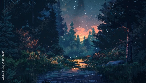 A path through a forest at night. The sky is full of stars and the moon is shining brightly.