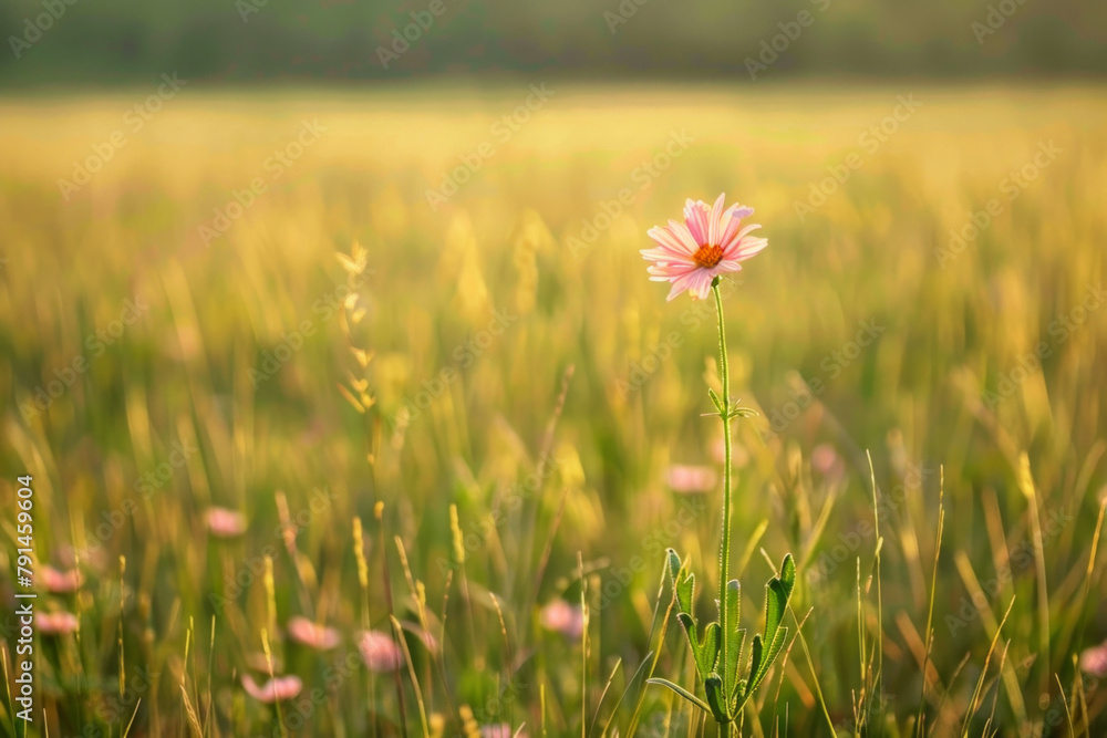 A single wildflower standing tall amidst a vast field of grass or wildflowers. A single wildflower standing tall amidst a vast field of grass or wildflowers.