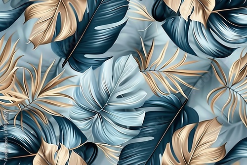 Blue vintage tropical leaves in seamless border design. Premium wallpaper  luxury silver grey background  texture  mural art. 3d dark watercolor floral illustration. Golden  Generative AI