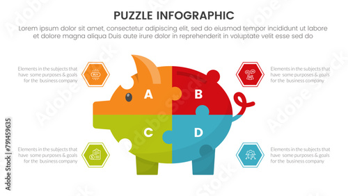 puzzle jigsaw infographic 4 point stage template with big piggy bank saving with description for slide presentation