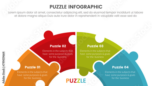 puzzle jigsaw infographic 4 point stage template with haf circle speedometer style with description for slide presentation